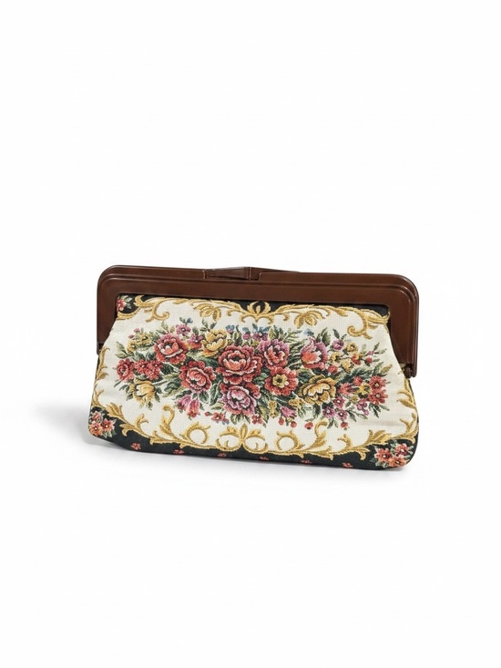 Handbags - Vintage 1970s Floral Tapestry Clutch Lucite Frame Needlepoint Evening Bag